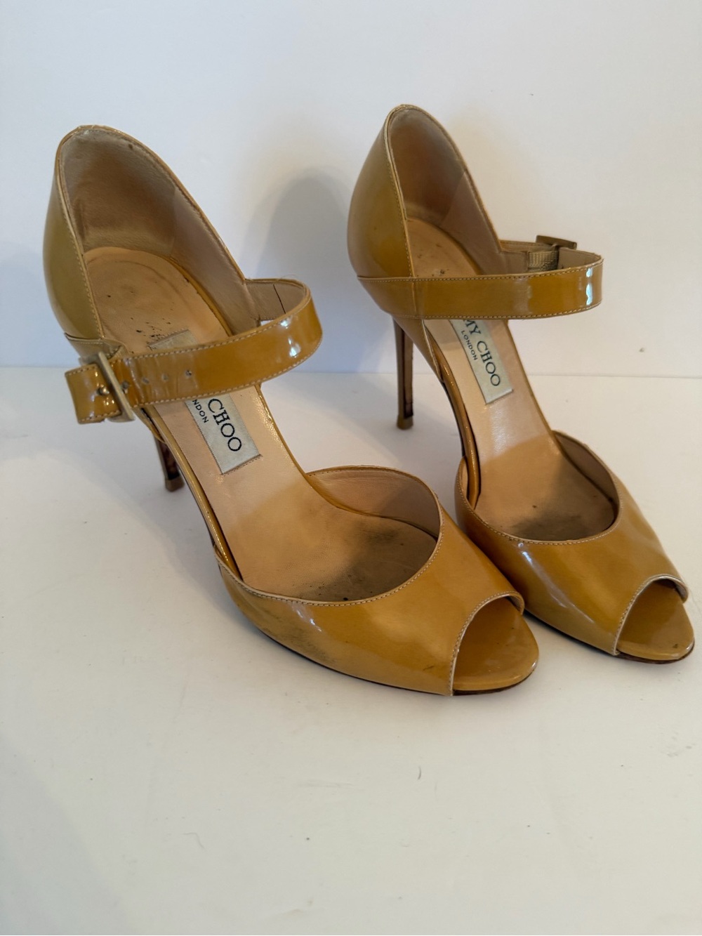 Jimmy Choo Yellow Patent Leather Peep-Toe Mary Jane Heels